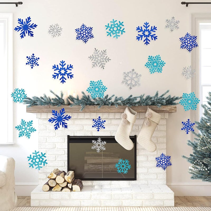Geyee 96 Pcs Snowflakes Cutouts 12 Styles Glitter Snowflakes Board Cutouts Ornaments with Glue Point Dots for Winter Christmas Wonderland Party Home Decoration(Blue, Silver) - Image 5